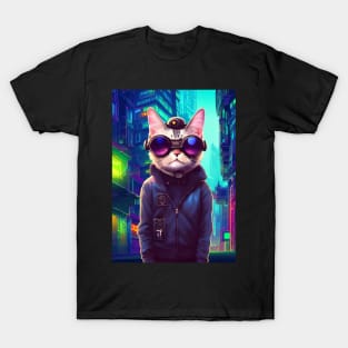 Techno Cat In Japan Neon City T-Shirt